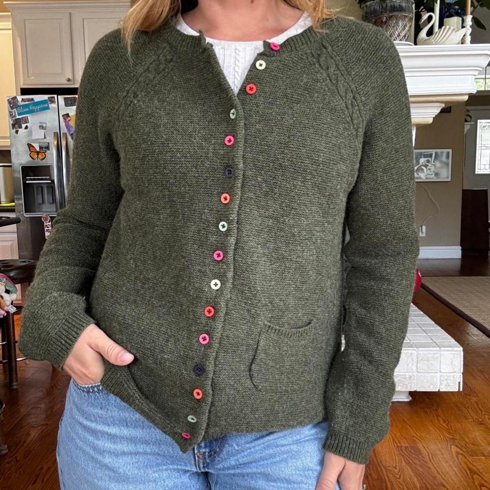 Tabitha Webb olive green cardigan with multicolored buttons wool cozy artisan